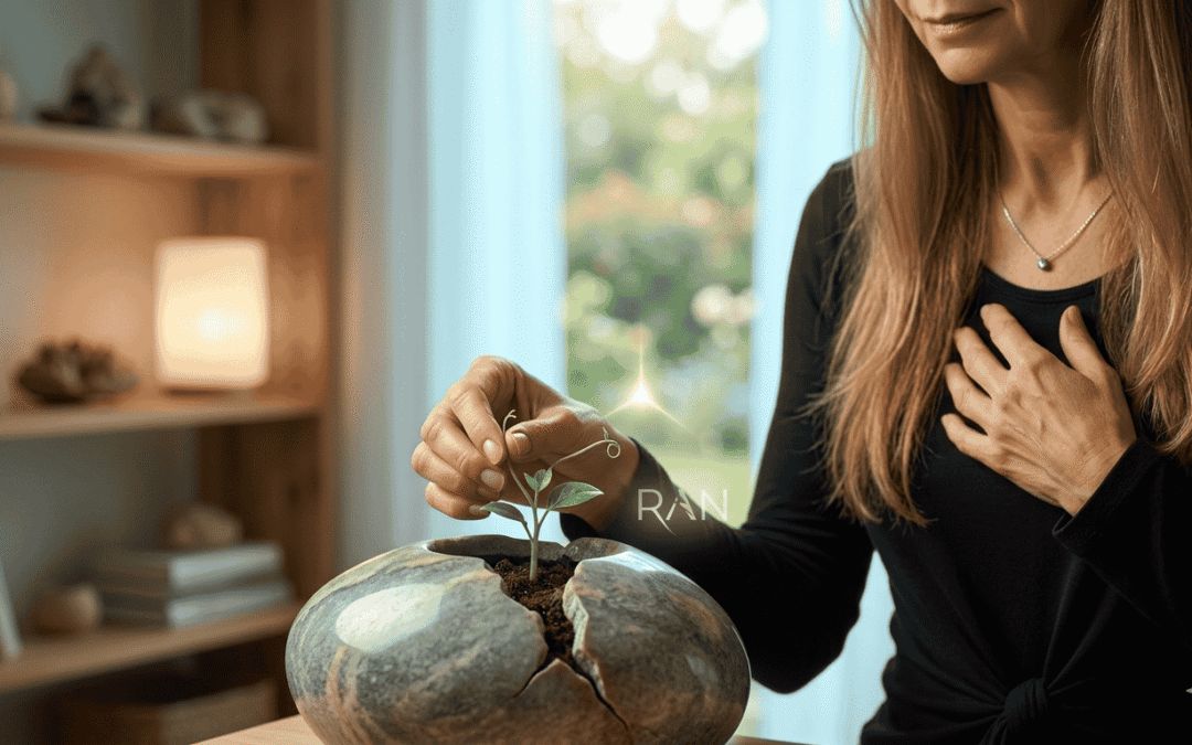 Primer plano de las manos de Olga Fernández Txasko cuidando una pequeña planta que brota de una piedra rota, simbolizando el Método RAN para sanar heridas de la infancia y recuperar la libertad.